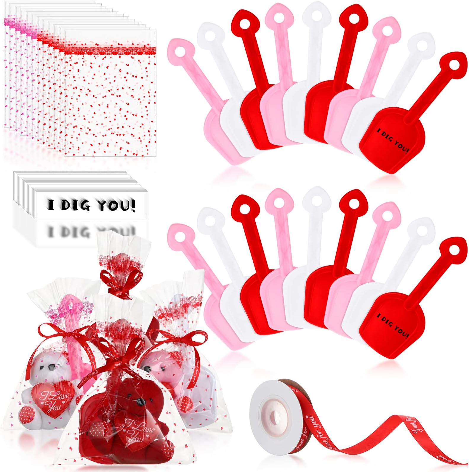 109 Pcs Valentine's Day Plastic Shovel Set Include 36 Pcs Plastic Shovels 36 Pcs Candy Bag 36 Pcs I Dig You Stickers 1 Red Ribbon Sand Small Plastic Shovels Party Favors for Kid Valentine's Class Gift