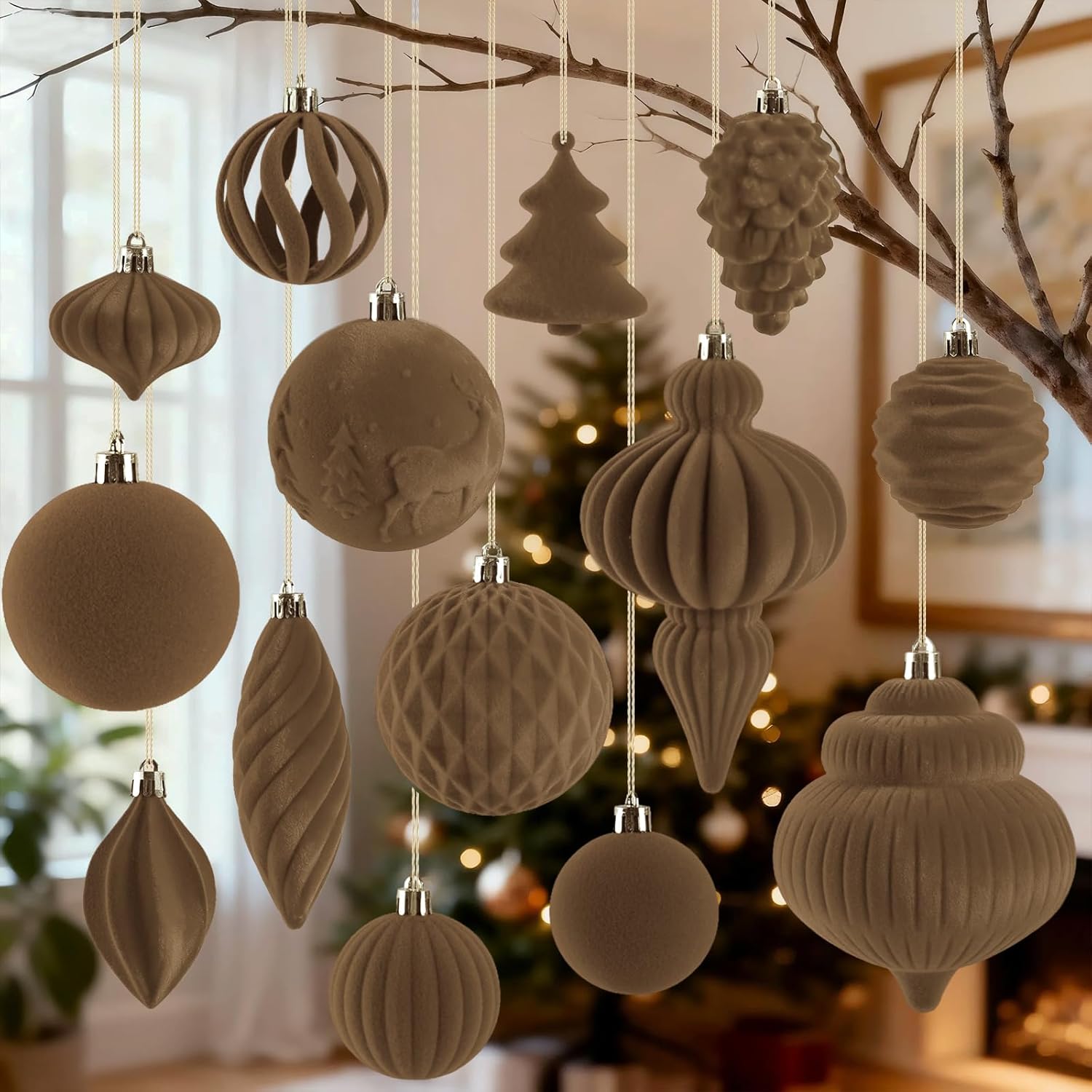 18Pcs Velvet Christmas Tree Ornaments Set, Wine Red Shatterproof Flocked Christmas Decorations Bulk for Tree, Burgundy Decorative Hanging Ball Ornaments for Xmas Holiday Home Party Decor