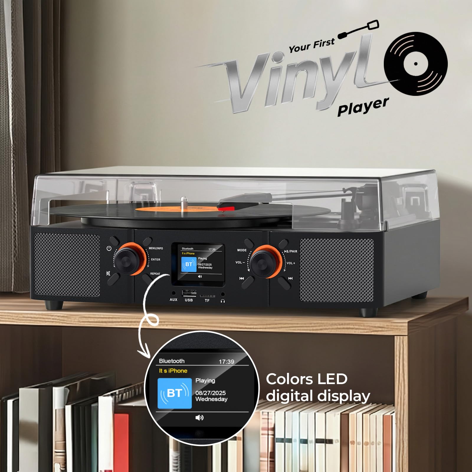 Giradischi in vinile con altoparlanti integrati, giradischi Bluetooth con trasmissione a cinghia a 3 velocità con display LCD, riproduzione USB, orologio, RCA, AUX e jack per cuffie, grigio