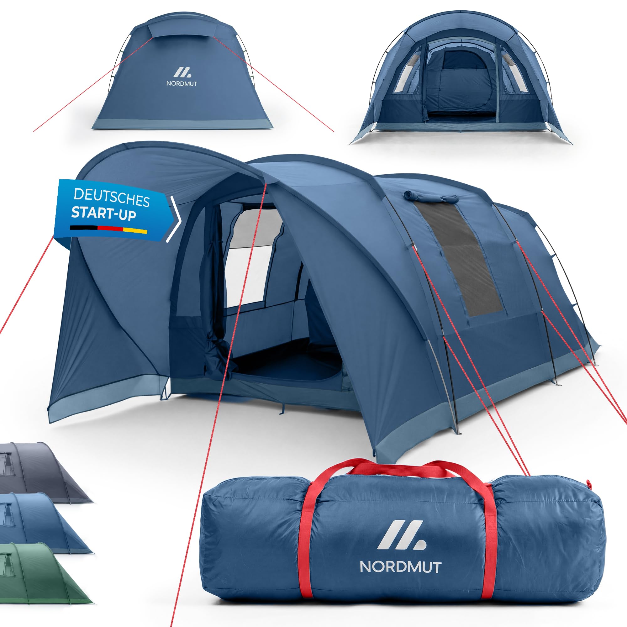 NORDMUT® Tente tunnel 4 ou 6 personnes coupe-vent avec auvent et sol - Tente familiale stable avec hauteur debout - Tente de camping imperméable avec une excellente circulation de l'air