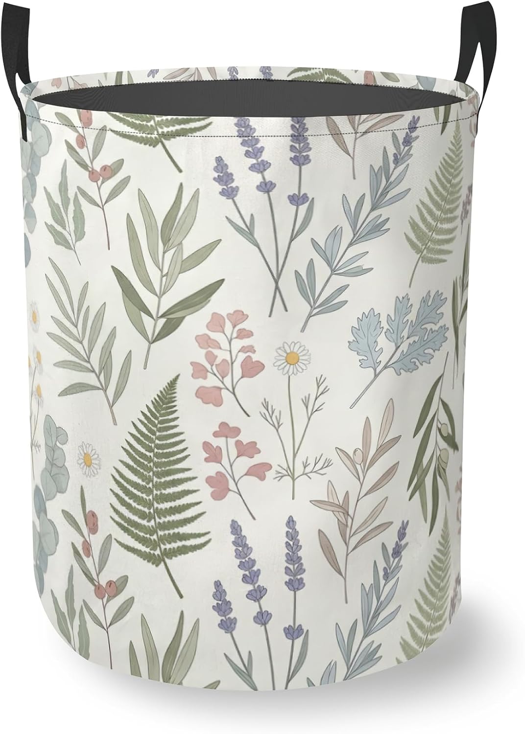 Laundry Basket With Handle, Dirty Clothes Laundry Hamper, Oxford Cloth Bin Storage Organizer for Toy Collection (Green Leaves Floral)