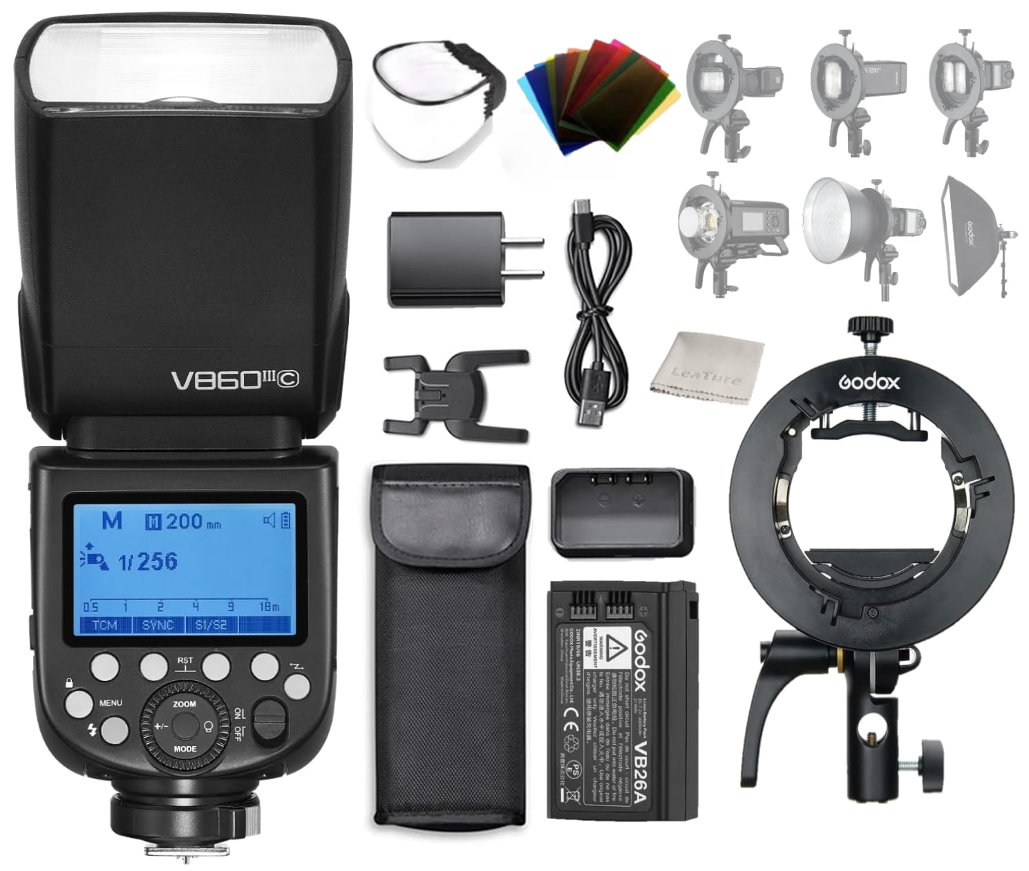 Godox V860III-C Camera Flash Speedlite & Godox S2 Speedlite Bracket S-Type Bracket Bowens Mount Flash Holder, TTL HSS 2.4G 1/8000s GN60 5300K Modeling Light Compatible for Canon DSLR Cameras