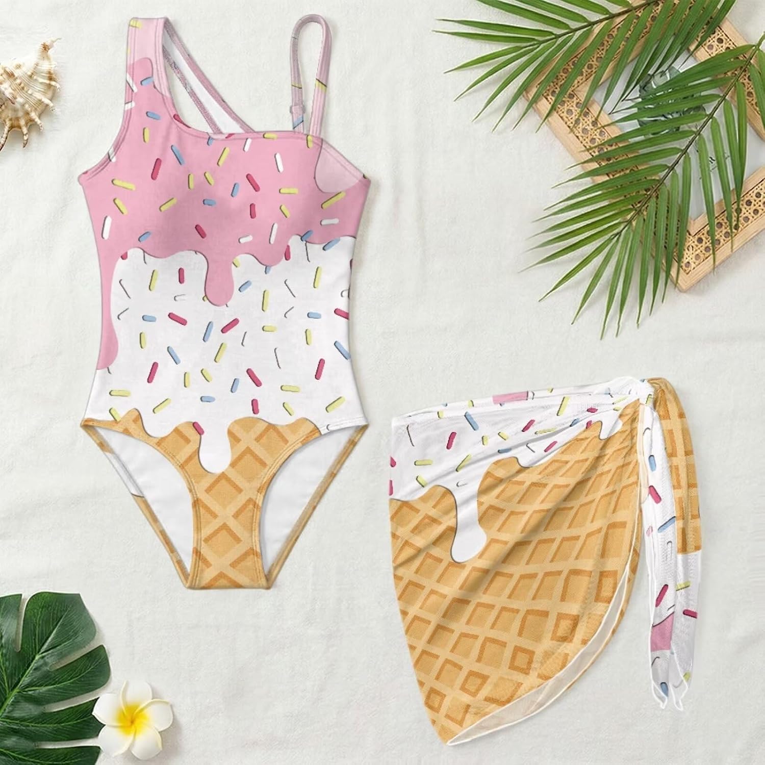 Girls One Shoulder Bathing Suit with Mesh Cover Up Full Coverage Elastic One Piece Kids Summer Swimsuit 7-18Y