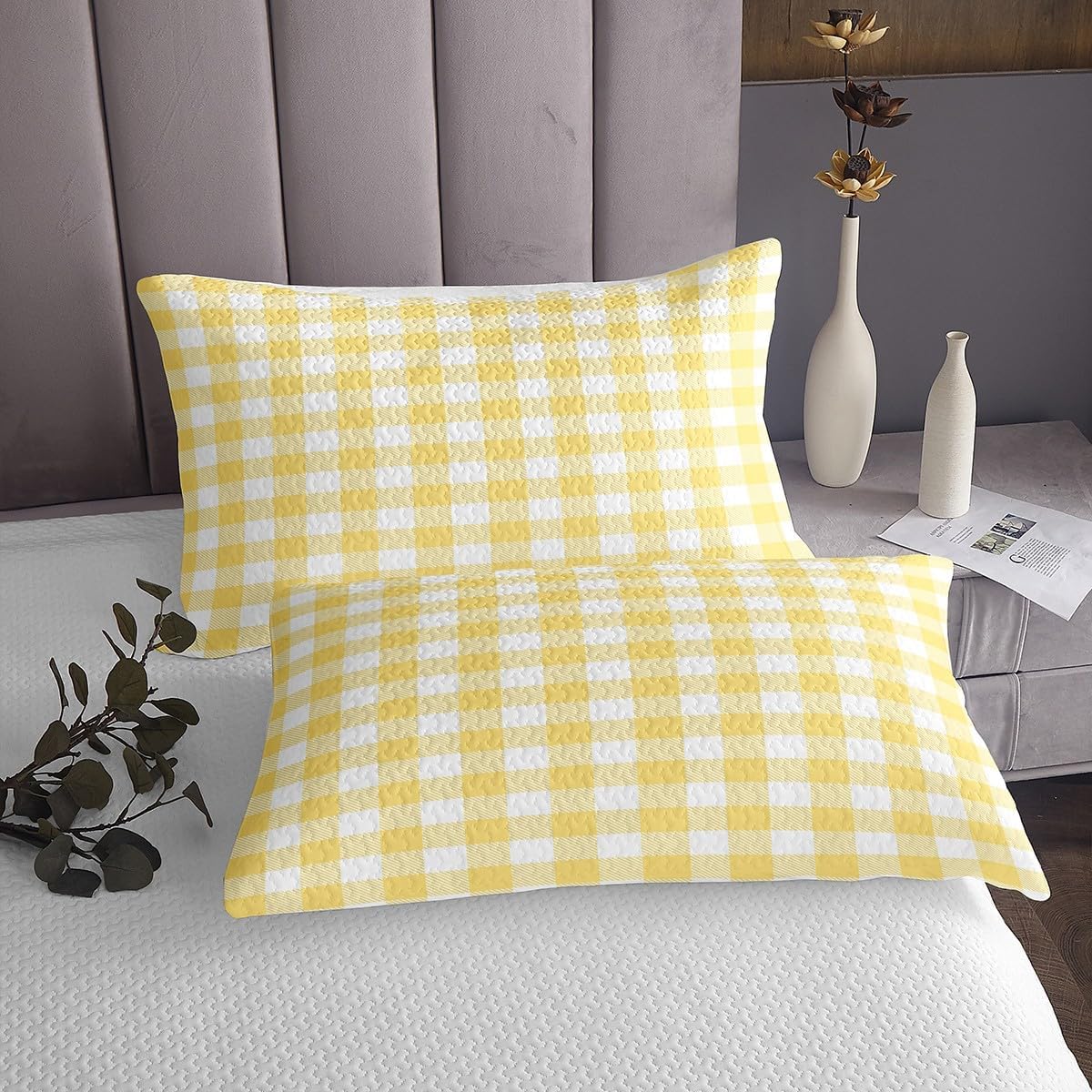 Erosebridal Yellow White Plaid Quilt Set Queen Size for Kids Teens Adults,Geometric Coverlet Set,Checkered Plaid Bed Cover Bedroom Decor,Minimalist Bedspread Set