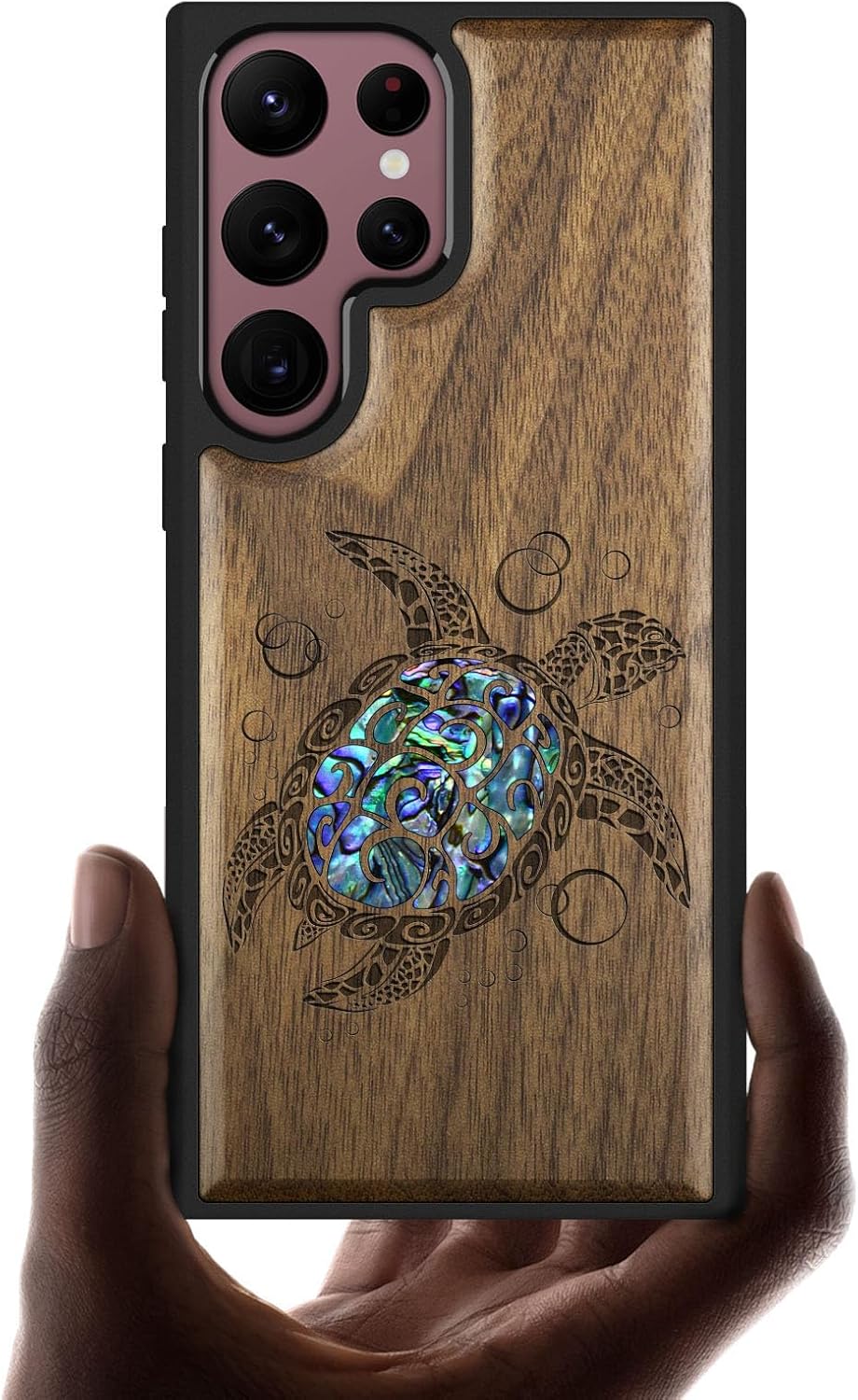 Carveit Designer Wooden Cover for Samsung Galaxy S22 Ultra Case [Wood Engraving & Shell Inlay] Unique Wood Phone Case Compatible with Wireless Chargers Galaxy S22 Ultra (Sea Turtle-Walnut)