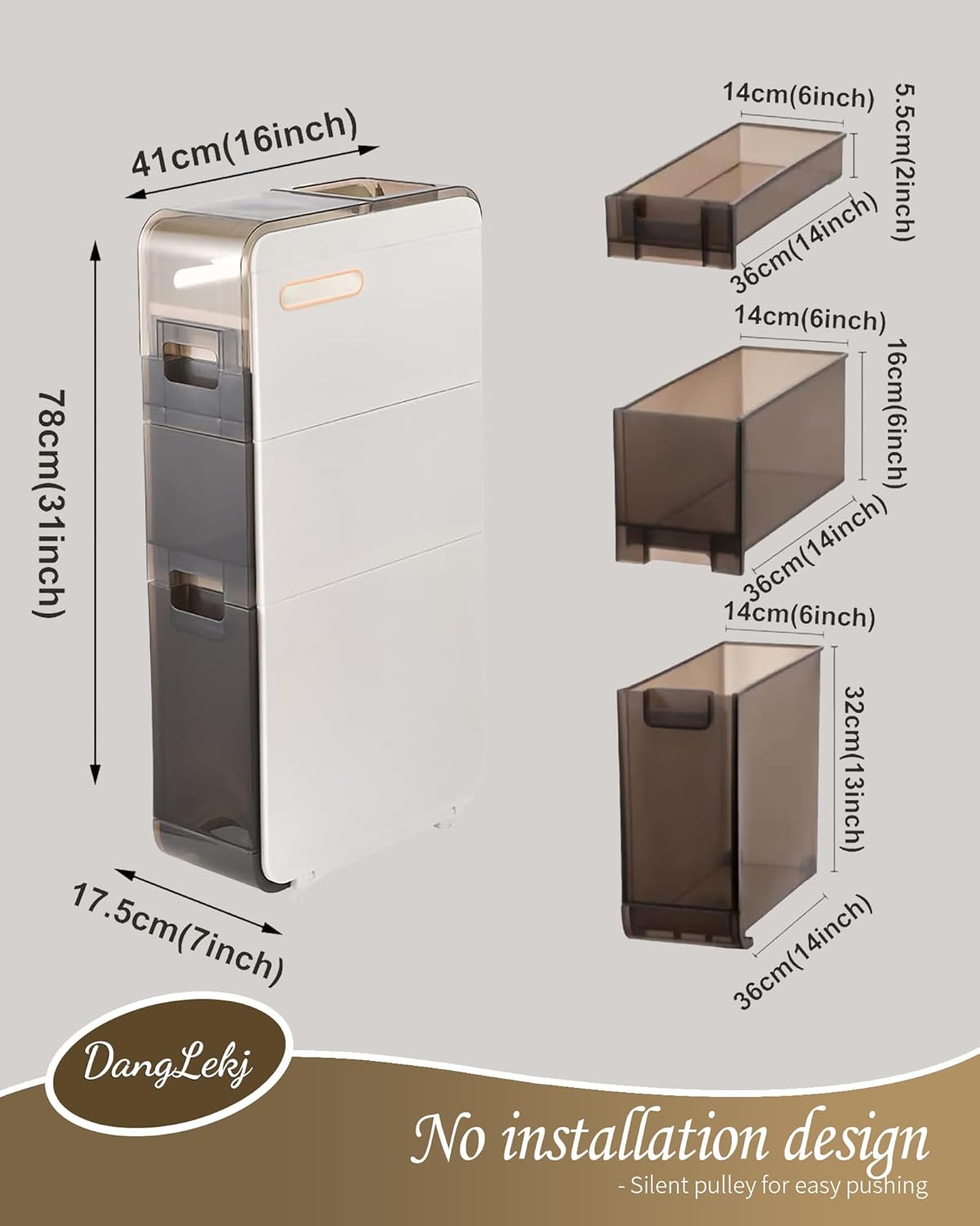 3 Tier Bathroom Floor Cabinet, Vertical Storage Unit with Clear Drawers and Casters, Large Capacity Narrow Tall Slim Storage Tower Waterproof Toilet Paper Storage Cabinet for Small Spaces Gaps