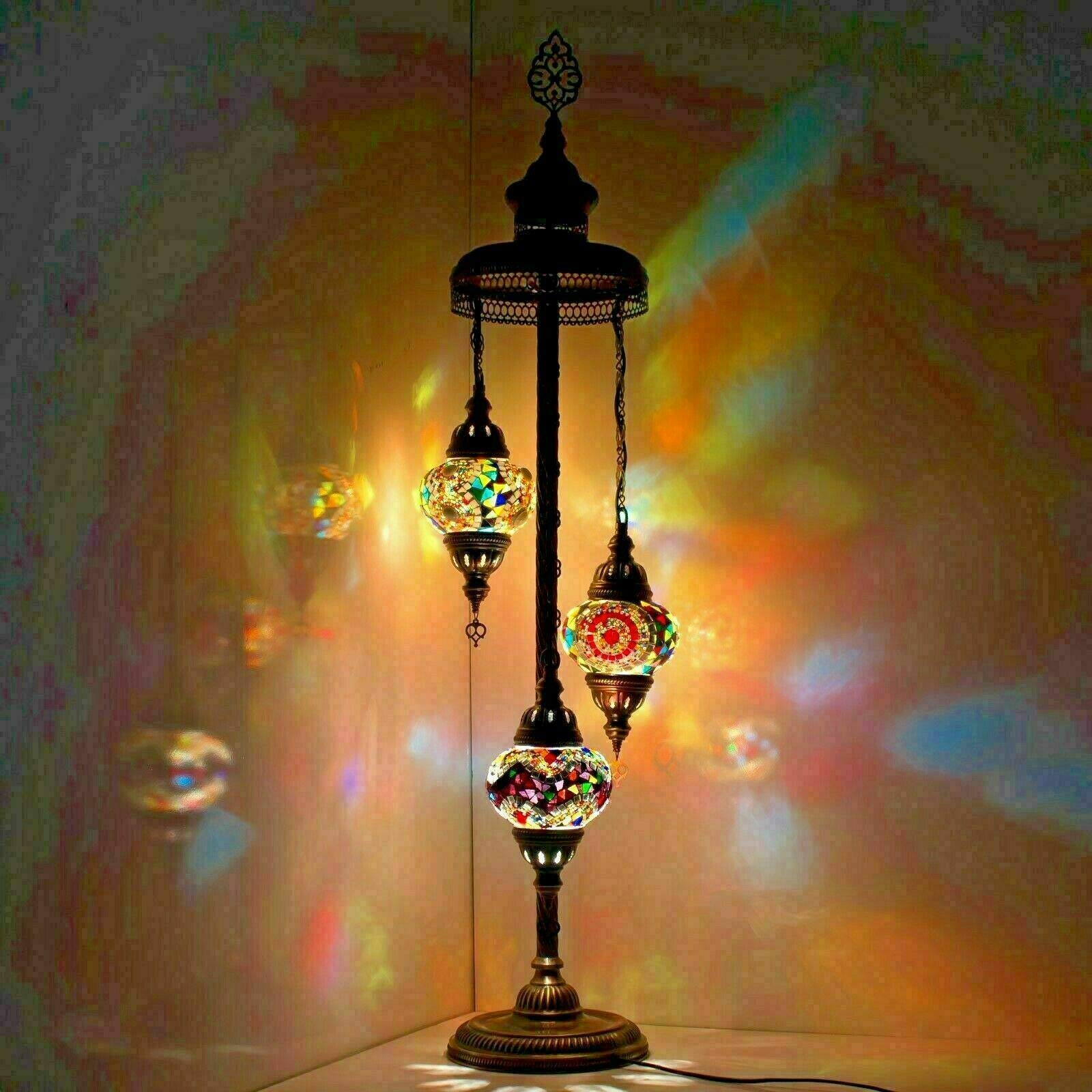 ENVA Turkish Moroccan Mosaic Floor Lamp Light, Handmade Glass Mosaic Multicolour Tiffany Floor Lamp Light 3 Medium Globe-with LED Bulb