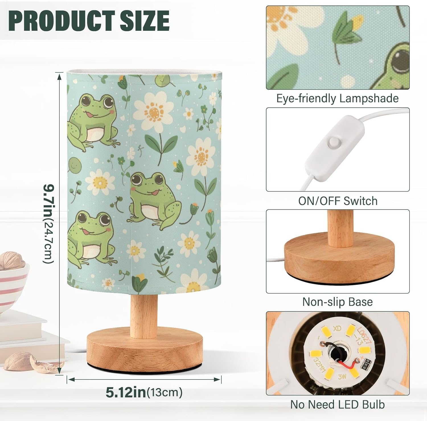 Cute Kawaii Frogs LED Table Lamp - Modern Minimalist Bedside Lamp with Round Flaxen Fabric Shade for Nightstand, Perfect for Bedroom Ambiance
