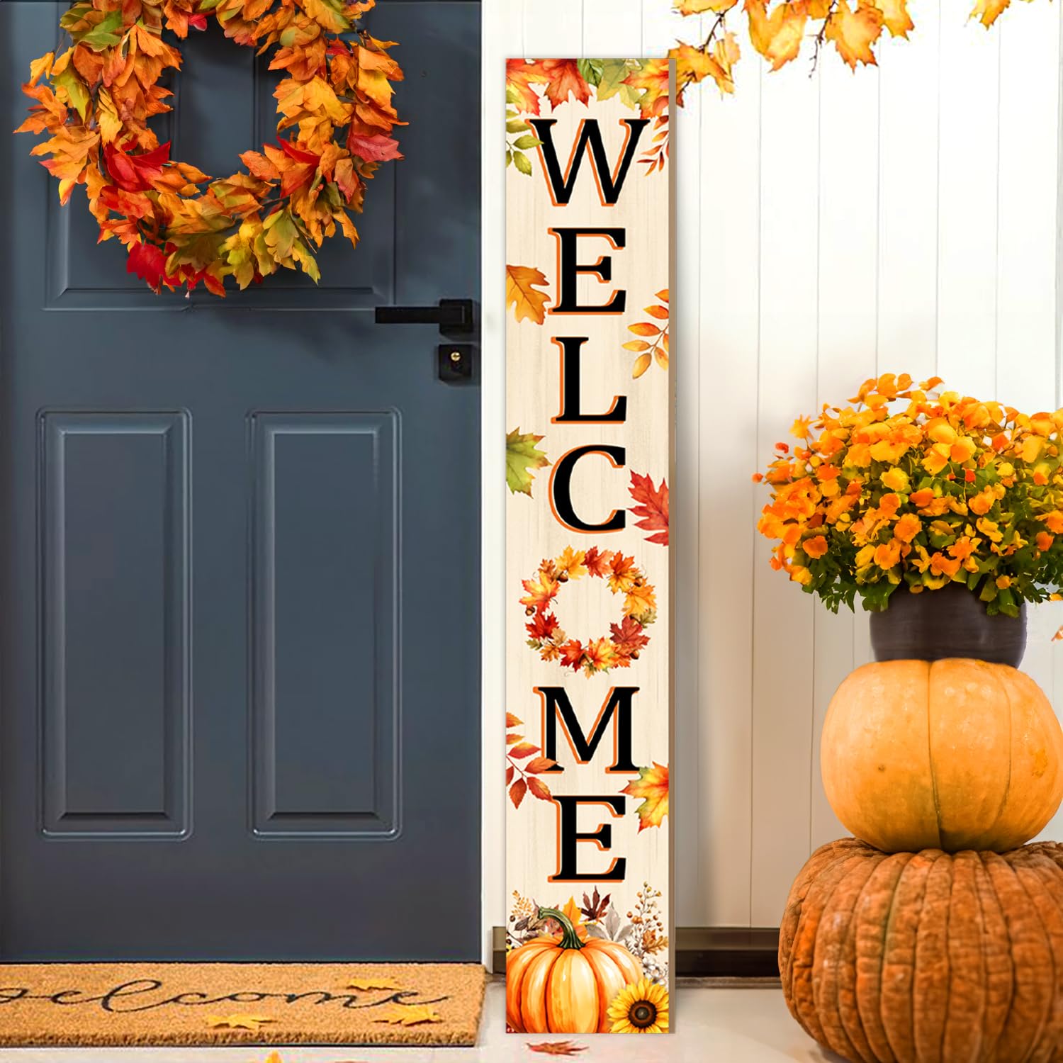 Herbst-Willkommensschild für Haustür, 119,9 cm, Herbst-Holz-Veranda-Schild, großes warmes Gruß-Türschild, Bauernhaus, vertikale Veranda, rustikal, stehend, Willkommensschilder für Terrasse, Outdoor