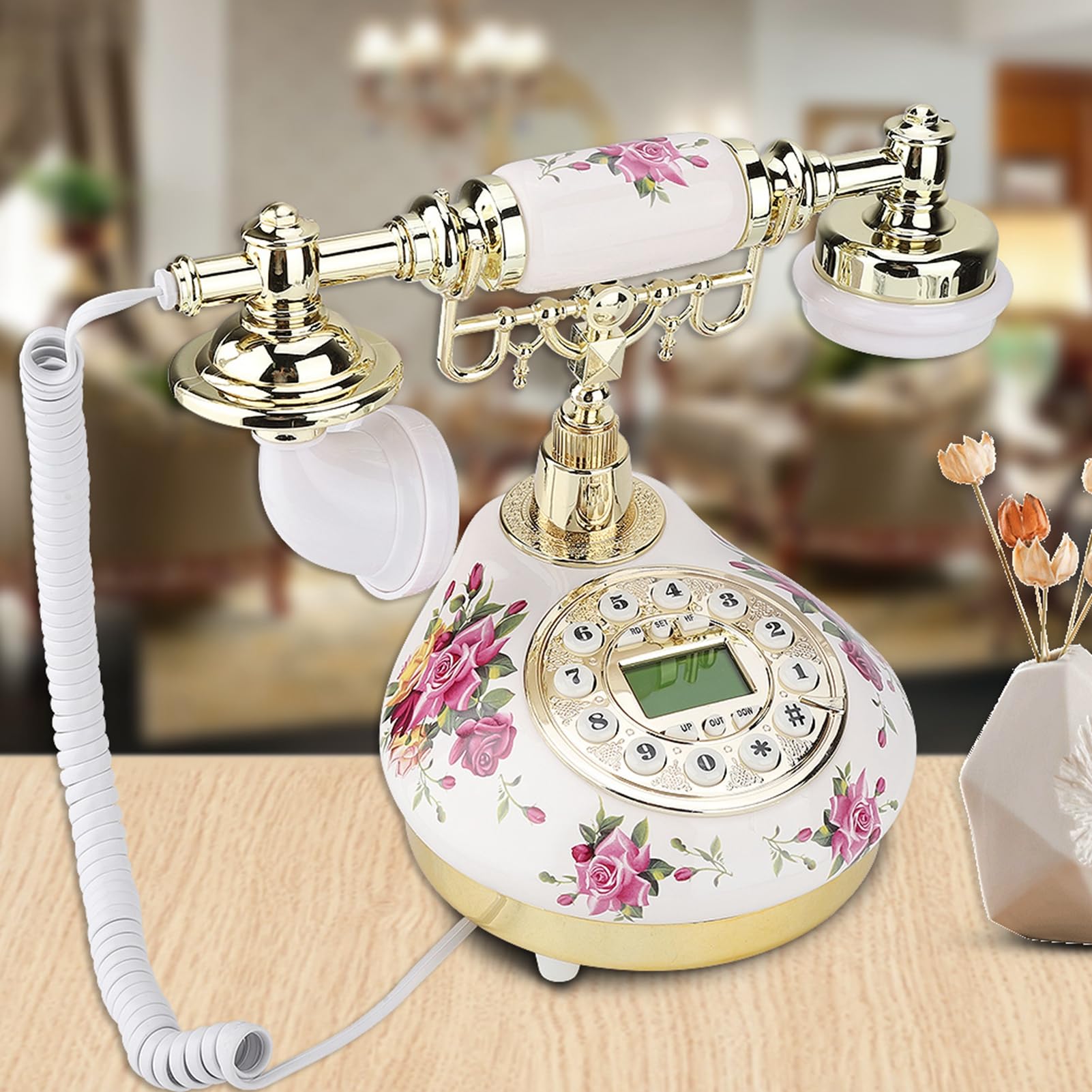 MS - 9101 Telefono d’epoca retrò in stile antico, telefono da scrivania con corpo in ceramica, schermo intelligente multiangolare e identificazione chiamante, per casa, ufficio,