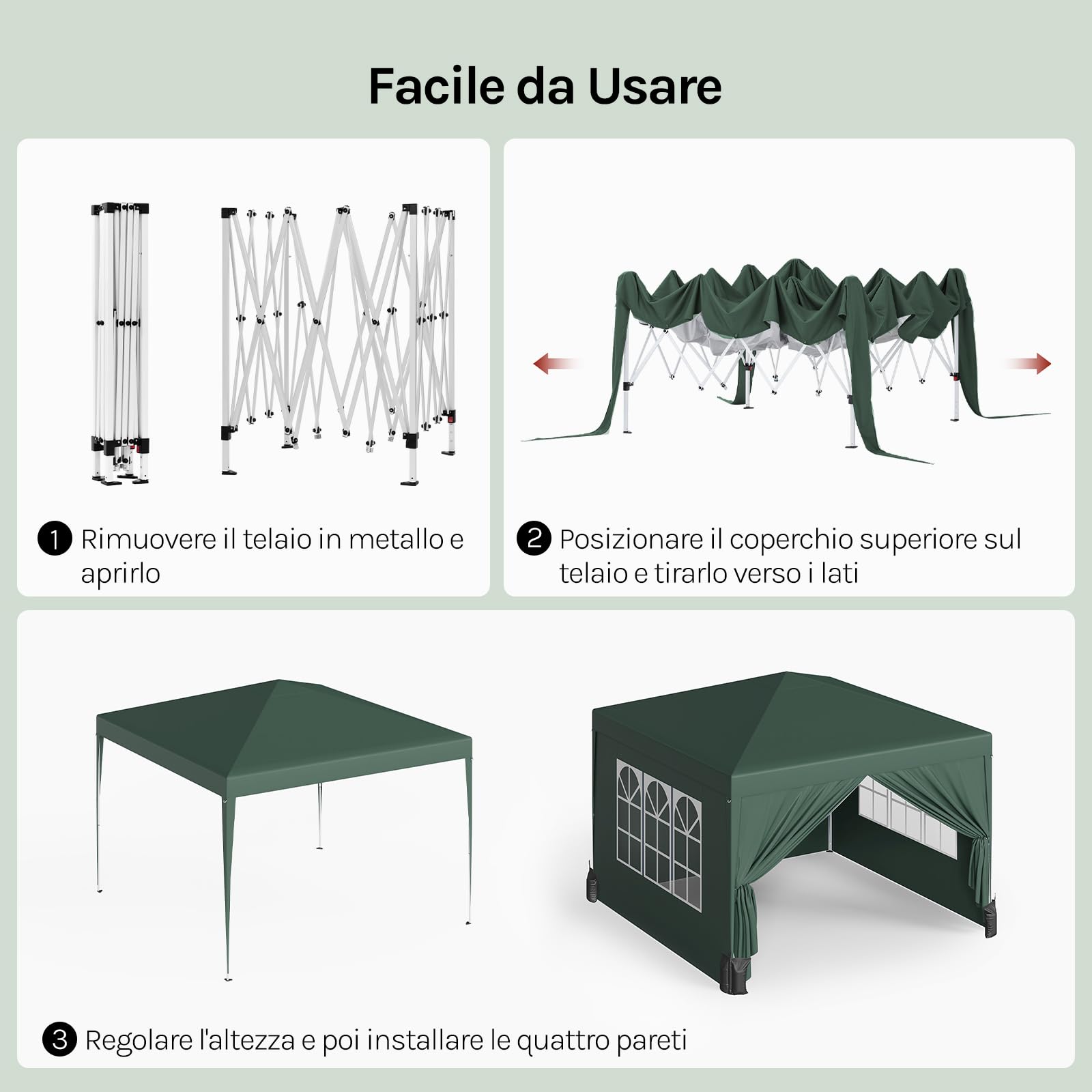 WOLTU Gazebo da Giardino Tendone 3x3m Pop up con sacchi di sabbia Verde | UPF 50+ UV, impermeabile, altezza regolabile, stabile, con borsa trasporto, Giardino