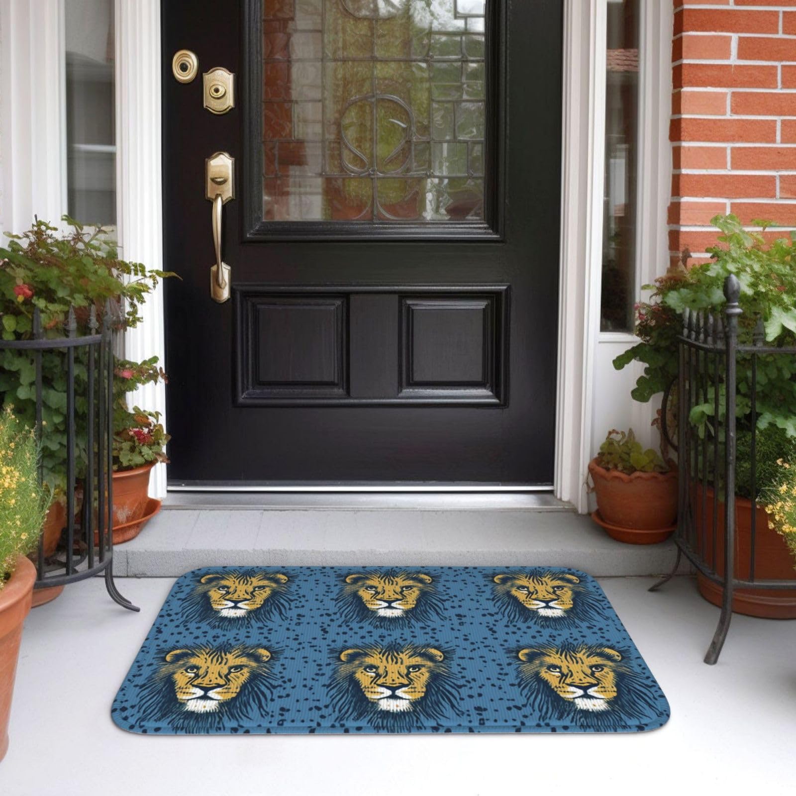Front Door Mat Indoor Outdoor Welcome Mat Non Slip Floor Mat Lion Lions Head Lion Kids Blue Doormat for Entryway Rug Inside Outside Entry, Porch,