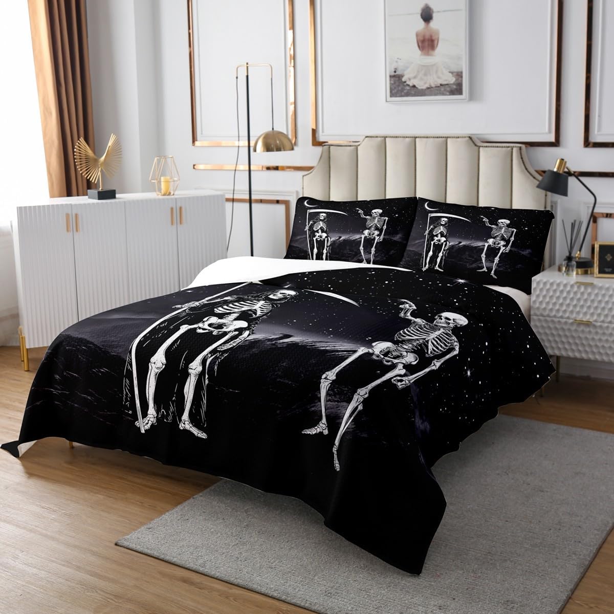 Homewish Skeleton Bones Ghost Bedding Set Twin Size,Gothic Skull Bedspread for Kids Boys Teens Girls Room Decor,Starry Sky Glitter Star Mountain Quilt 2Pcs,Black White Coverlet Set,1 Pillowcase
