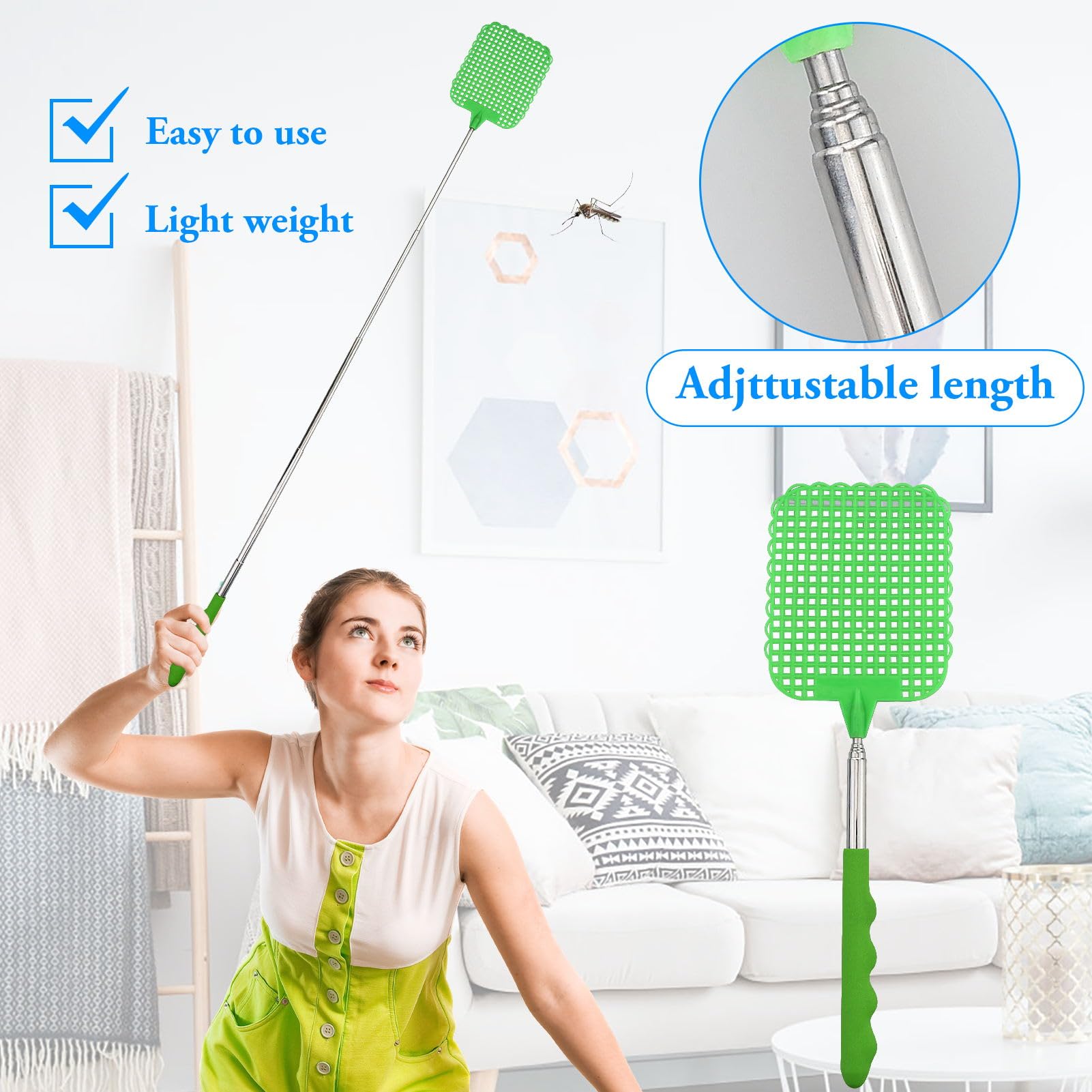 Apette à mosche,Tapette à mosche estensibili, Tapette à mosche manuali telescopiche, portatili Tapettes anti zanzare, per il nterieur giardino mosche insetti (rosso, nero, verde, 26-72 cm)