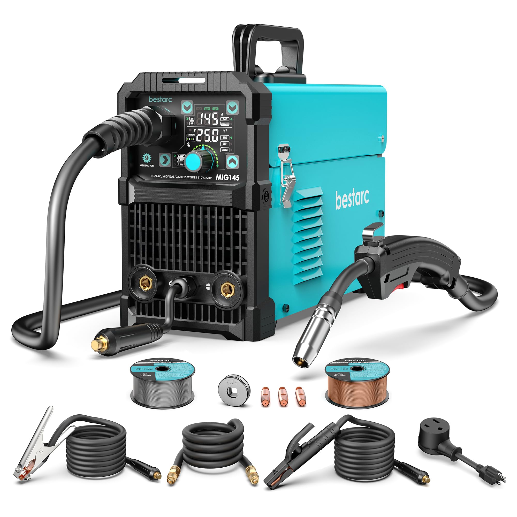 bestarc145Amp MIG Welder, 110V 220V Flux Core MIG/Lift TIG/Stick 4 in 1 Welder Machine, Large LED Display Welding Machine, IGBT Inverter bestarc Welder MIG145 Soild Gasless Synergy MIG Welder