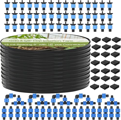 1640 ft 5/8" Drip Irrigation Tape Kit 15 mil Emitter Spacing 6" Flat Drip Tape with 140 PCS Drip Tape Connectors Automatic Irrigation Equipment for Garden Irrigation Emitter Flow:0.79 GPH