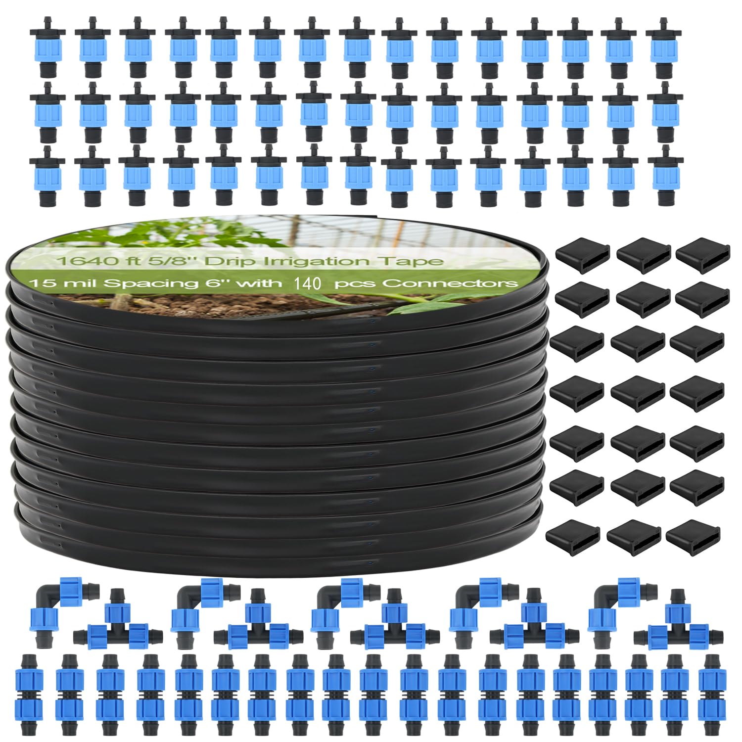 3280 ft 5/8" Drip Irrigation Tape Kit 8 mil Emitter Spacing 6" Flat Drip Tape with 140 PCS Drip Tape Connectors Automatic Irrigation Equipment for Garden Irrigation Emitter Flow:0.79 GPH