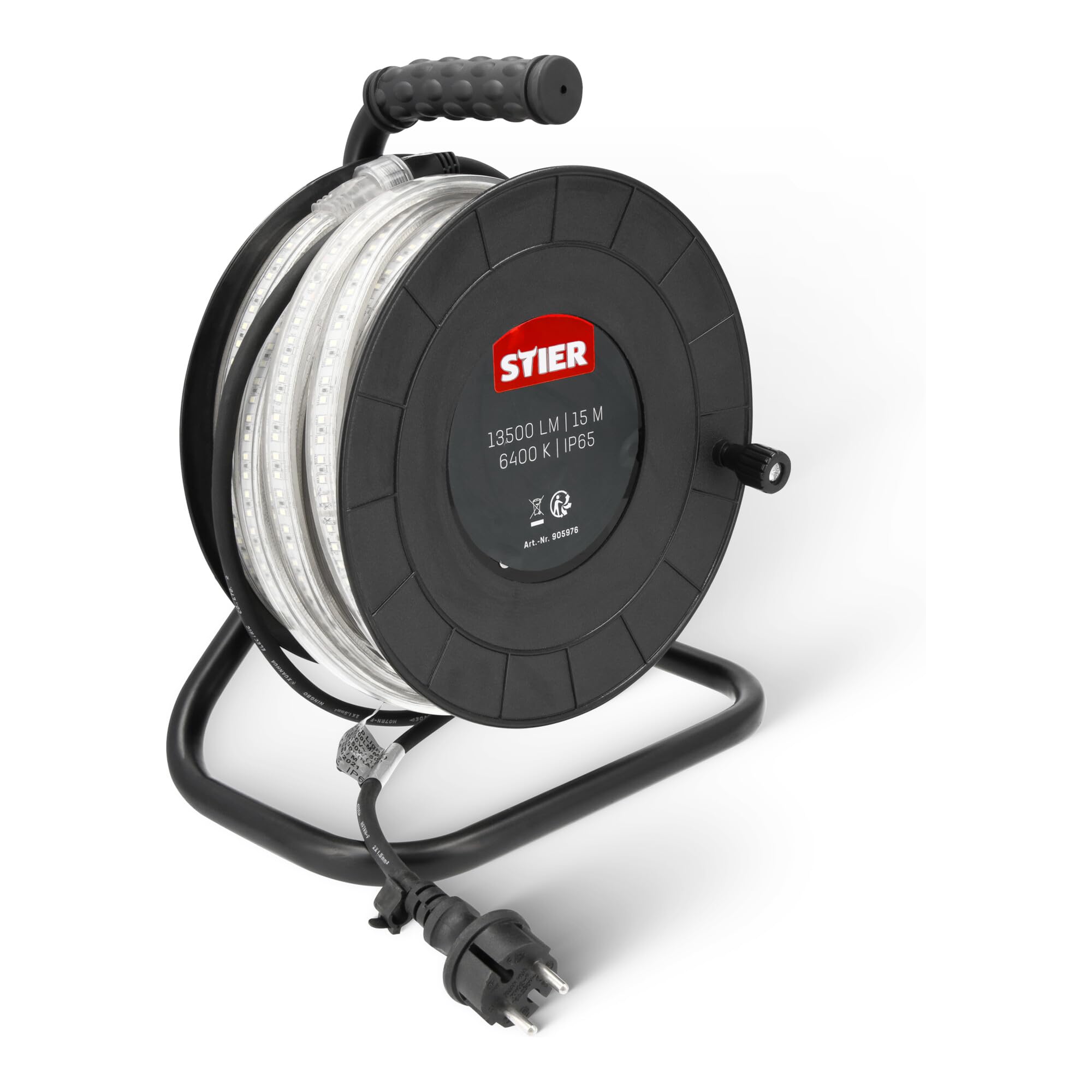 STIER LED Streifen Baustrahler, 15m, 13.500lm, 6400k, 900lm/m, erweiterbar auf 75m, direkt Anschluss, LED Strip, PVC, Schutzart IP65, mit praktischen Standfüßen und Handgriff