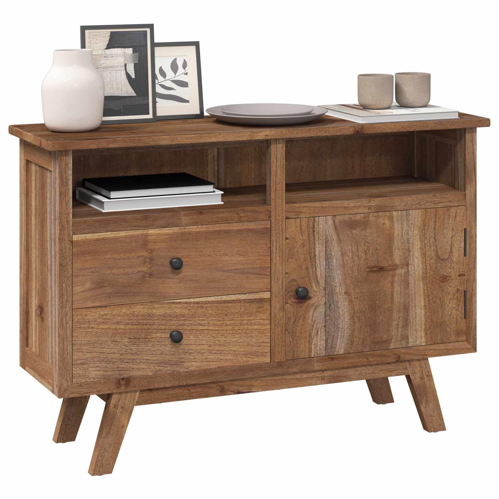 Aparador de teca 100 x 30 x 68 cm madera maciza natural con 2 cajones y puerta, cofre vintage grande para salón, comedor, cocina o pasillo