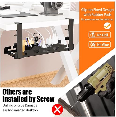 Miniatura 6 de BYMECOST Bandeja de gestión de cables doble sin taladrar debajo del escritorio, extensible de acero resistente para debajo del escritorio, bandeja