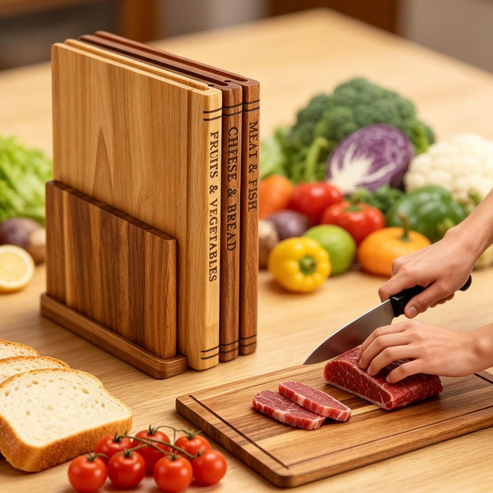 Kreatives Schneidebrett-Buch-Set 3-teiliges dekoratives Schneidwerkzeug | Holzschneidebretter Set Für rohes und gekochtes Gemüse, Brot, Gebäck, Sushi, Fleisch, Zuhause, Outdoor, Camping, Picknick