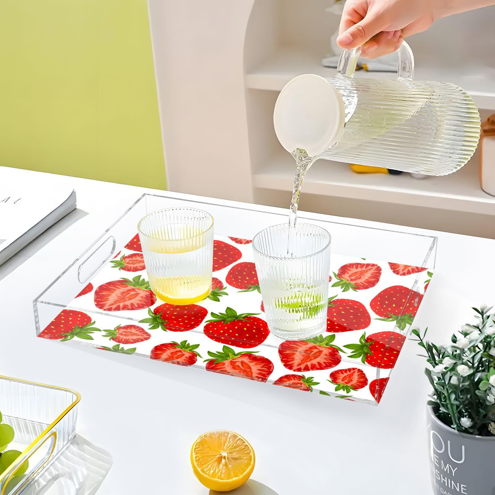 Bandeja transparente de acrílico para servir con asas, bandeja de desayuno de 12 x 16 pulgadas, bandeja de desayuno de acrílico orgánico para jardín, personalizado rojo fresa, bandejas transparentes
