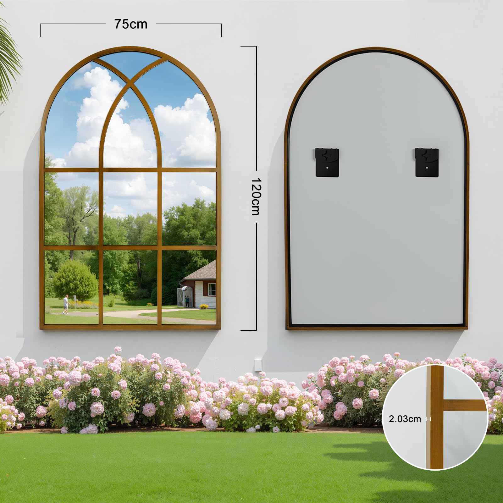 Reflix Specchio ad arco per finestra, 75 x 120 cm, specchio da parete per decorazione giardino all'aperto, specchio ad arco gotico invecchiato con cornice in alluminio per corridoio, soggiorno, camera