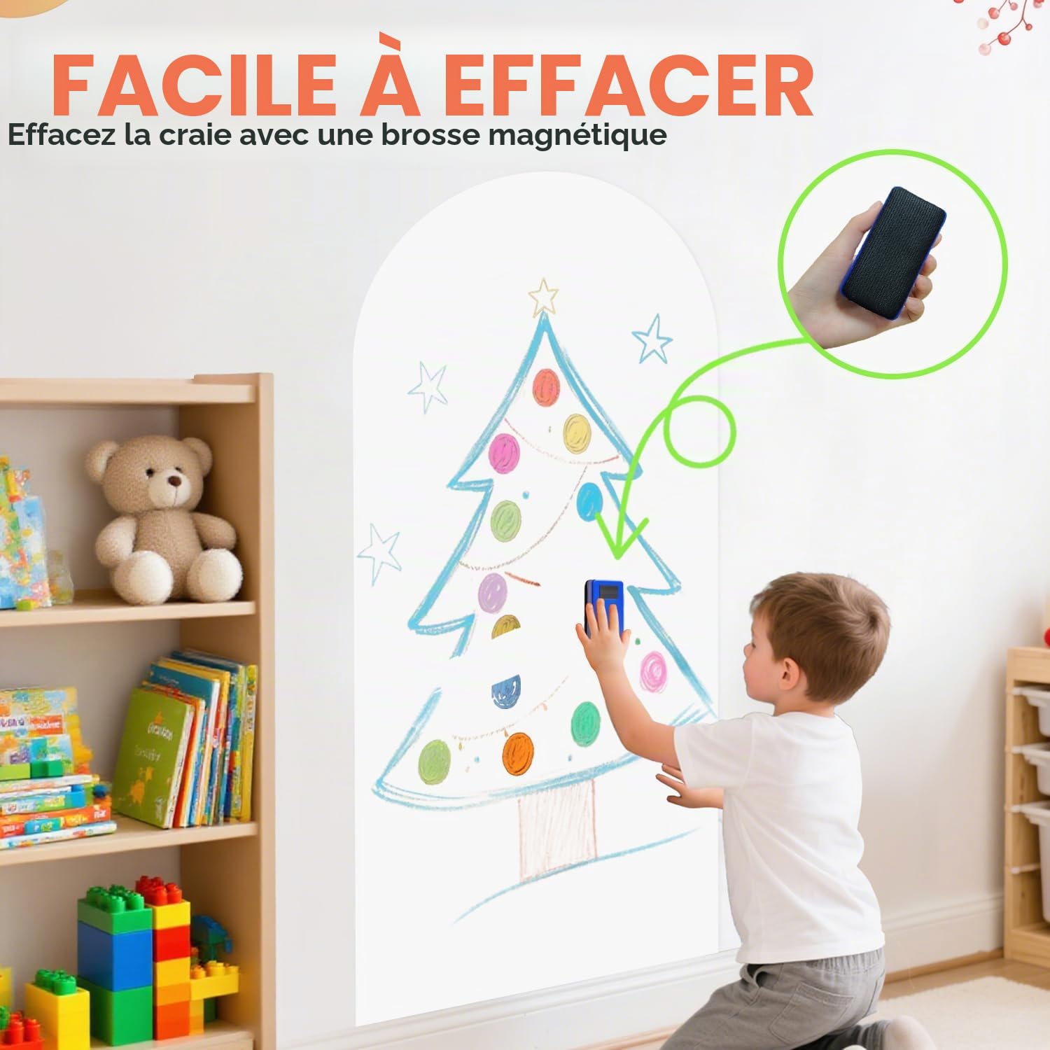 FUHSY Sticker mural magnétique pour enfants - 100 x 45 cm - Blanc - Tableau noir magnétique pour mur - Décollez et collez - Multifonctionnel