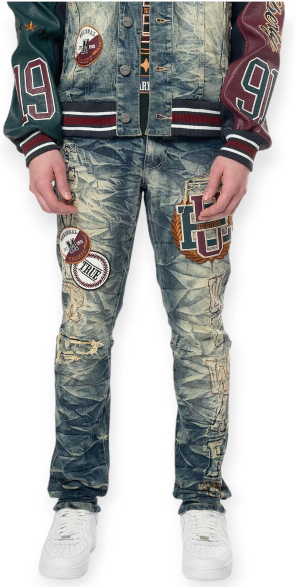 Smoke RiseMen Varsity Patch Jeans(Alley Blue)