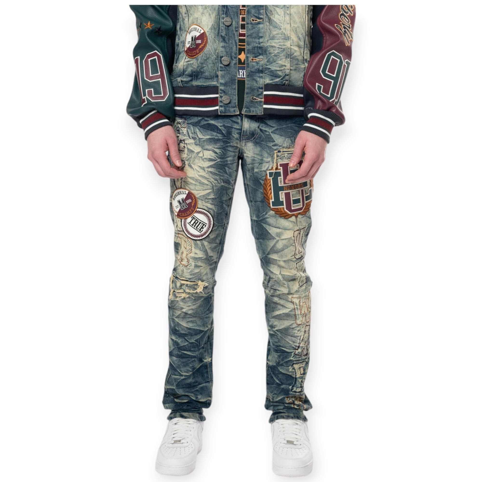 Smoke RiseMen Varsity Patch Jeans(Alley Blue)