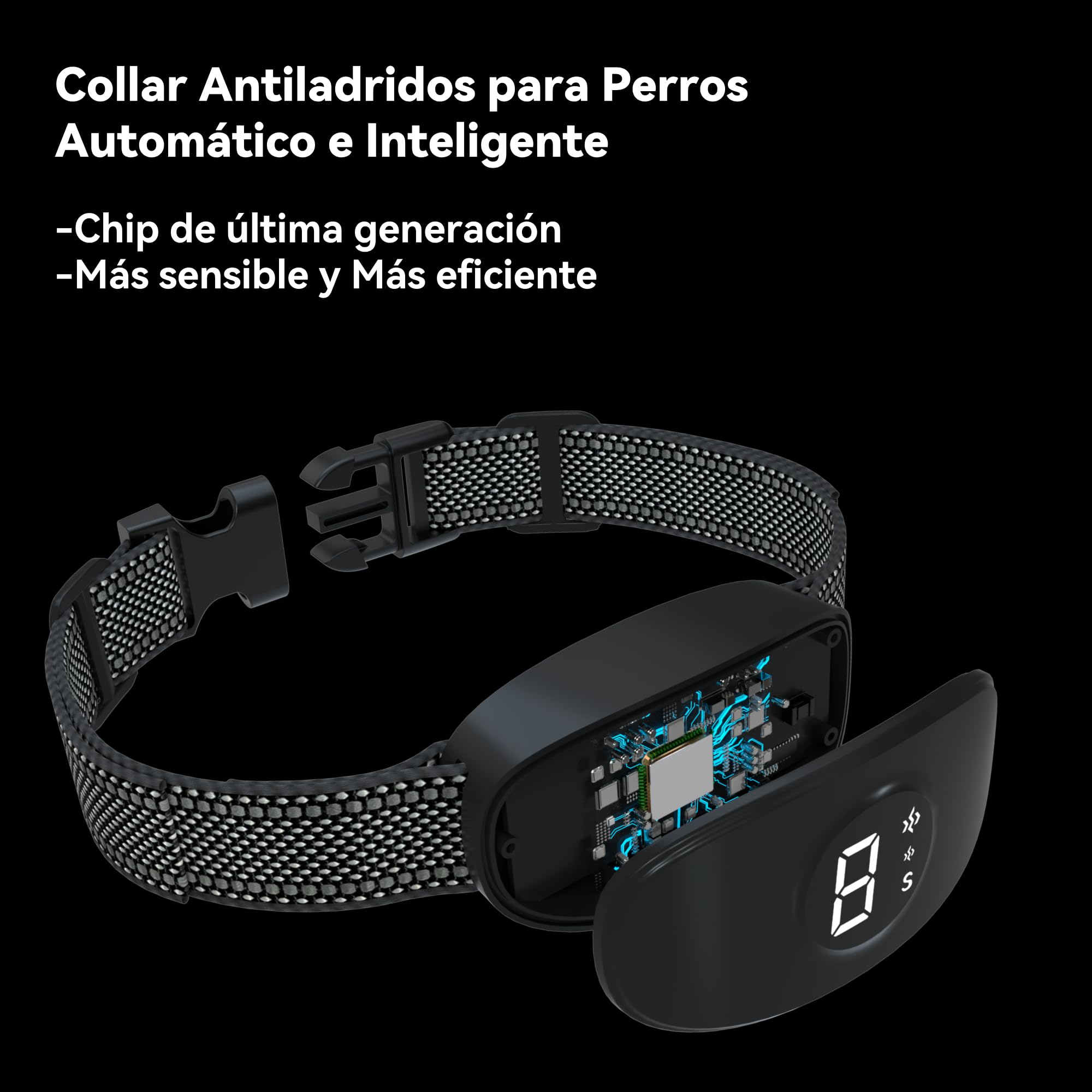 Collar Antiladridos para Perros,Sin Descargas,Collar Automático con 8 Sensibilidad Ajustables,3 Modos de Vibración/Fuerte Vibración/Sonido,Apto para Todos los Perros