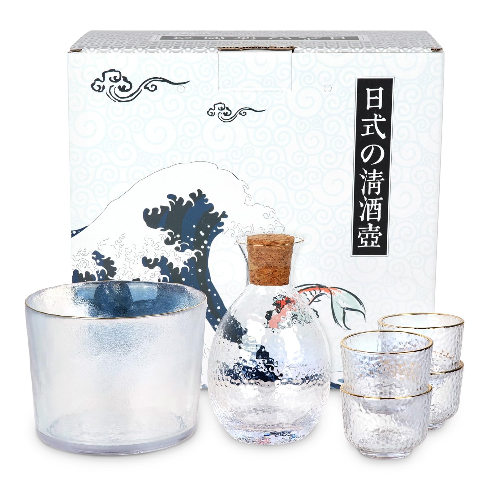 Set di sake giapponese, in vetro, 6 pezzi, con caraffa e ciotola di conservazione calda, servizio di ciotole per sake