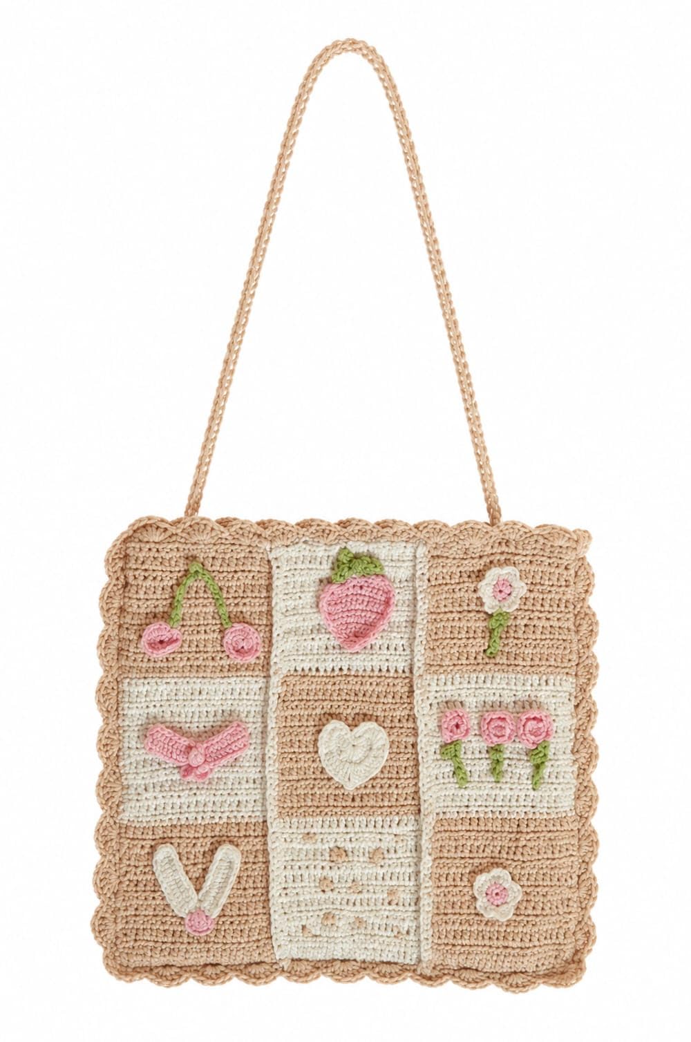 Crochet Tote Bag, Beige, Floral and Heart Applique, Scalloped Edge, 30.5 x 30.5 cm, 63.5 cm Strap-picture-26