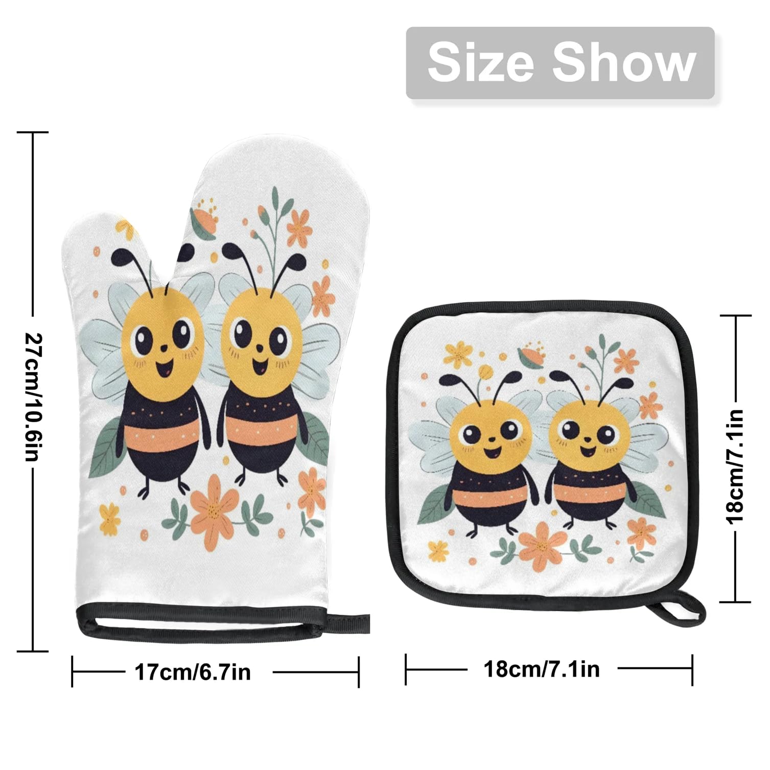 Cartoon Bee Flowers Oven Mitts Kitchen Oven Gloves for Cooking Baking Heat Proof Lining Cotton Kitchen Potholder Mittens Pot Holders Hot Pads for Chef Women Men