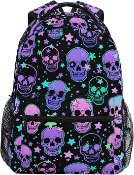 Mnsruu Student School Bag Stars Purple Skulls Backpack for Girls Boys College Bookbag Laptop Rucksack Travel Backpack for Adult Teen Casual Daypack