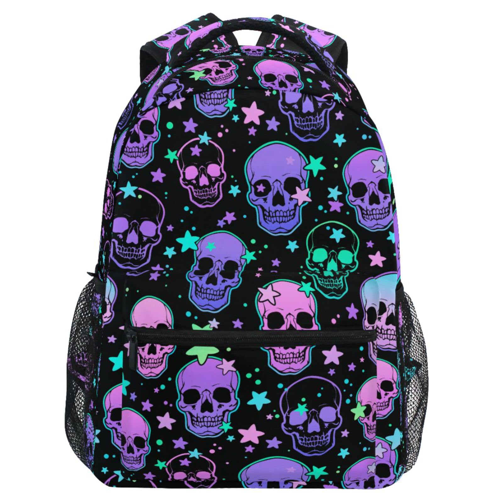 MNSRUU Student School Bag Stars Purple Skulls Backpack for Girls Boys College Bookbag Laptop Rucksack Travel Backpack for Adult Teen Casual Daypack