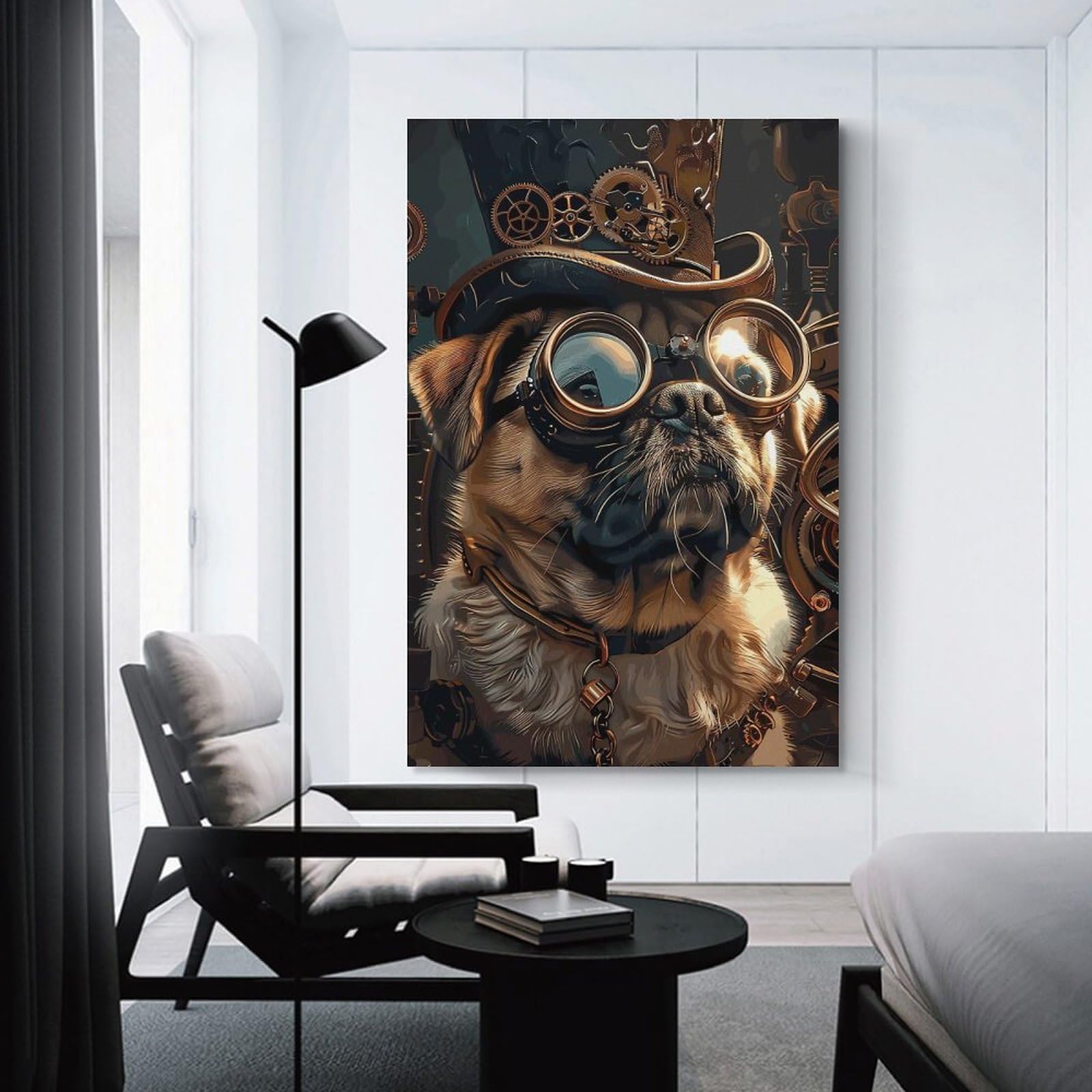 Junmoney Steampunk Pug Dog Canvas Wall Decor, 24x36inch(60x90cm), for New Homes, Bedrooms Or Workspaces, Gift Idea for Housewarming And Birthdays
