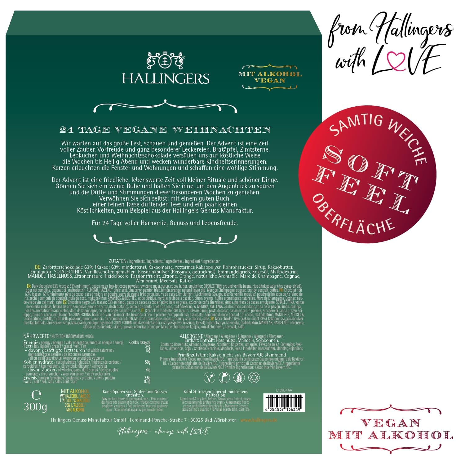 Hallingers Genuss Manufaktur Vegane Pralinen Adventskalender - mit & ohne Alkohol, handmade aus Confiserie-Edelkakao in wertigem Softfeel-Karton "Weihnachtsstimmung", Weihnachtskalender für Frauen