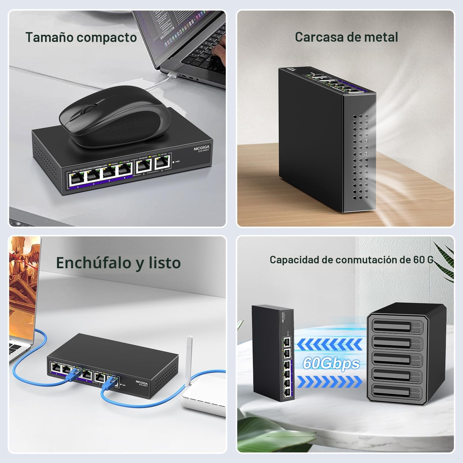 10Gb Ethernet Conmutador no administrado con 2 Puertos 10Gb RJ45 ➕ 4 Puertos 2.5G Base-T. Conmutador de Red NICGIGA de 6 Puertos y 10Gbps para Ap inalámbrico, NAS y PC.