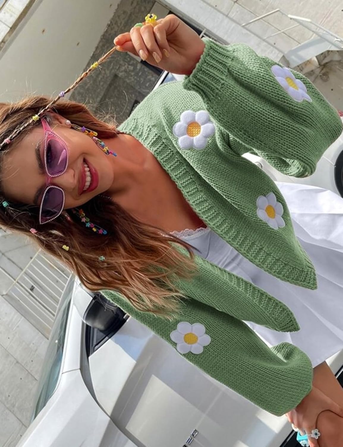 Arssm Y2K Womens Flower Cardigan Sweater Long Sleeve Knit Cropped Cardigan Open Front Cute Shrug Fall Sweater 90s Outfits - Image 4