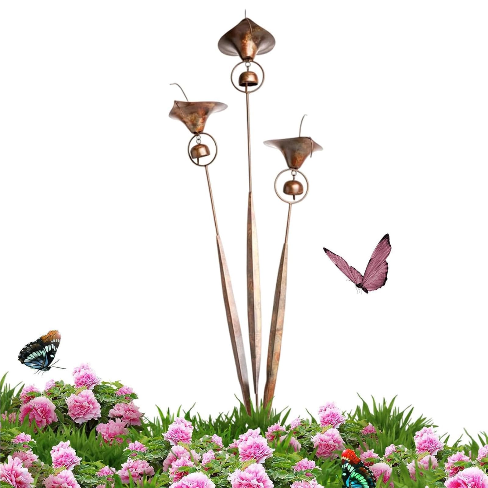 HTU Trzy kalie Lilie ogrodowe, 24-calowe metalowe kwiatowe ozdobne paliki ogrodowe z dzwoneczkami, ręcznie robione dekoracje zewnętrzne Stawki na zewnątrz Patio Yard Pathway Decor-2PCS
