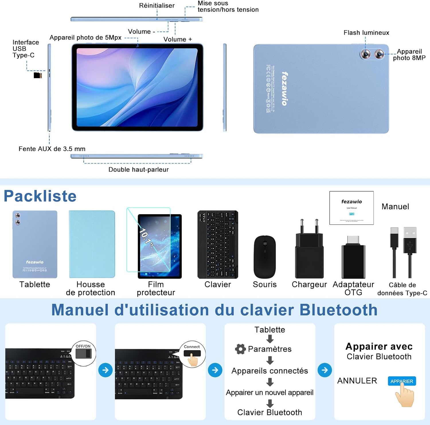 fezawio Tablet Android 15 Gemini AI 10,1 pollici, 30 GB RAM + 128 GB ROM, processore Octa-Core, 8000 mAh, Wi-FI 6, Widevine L1, jack audio 3,5 mm, GPS, con tastiera, mouse e custodia di protezione