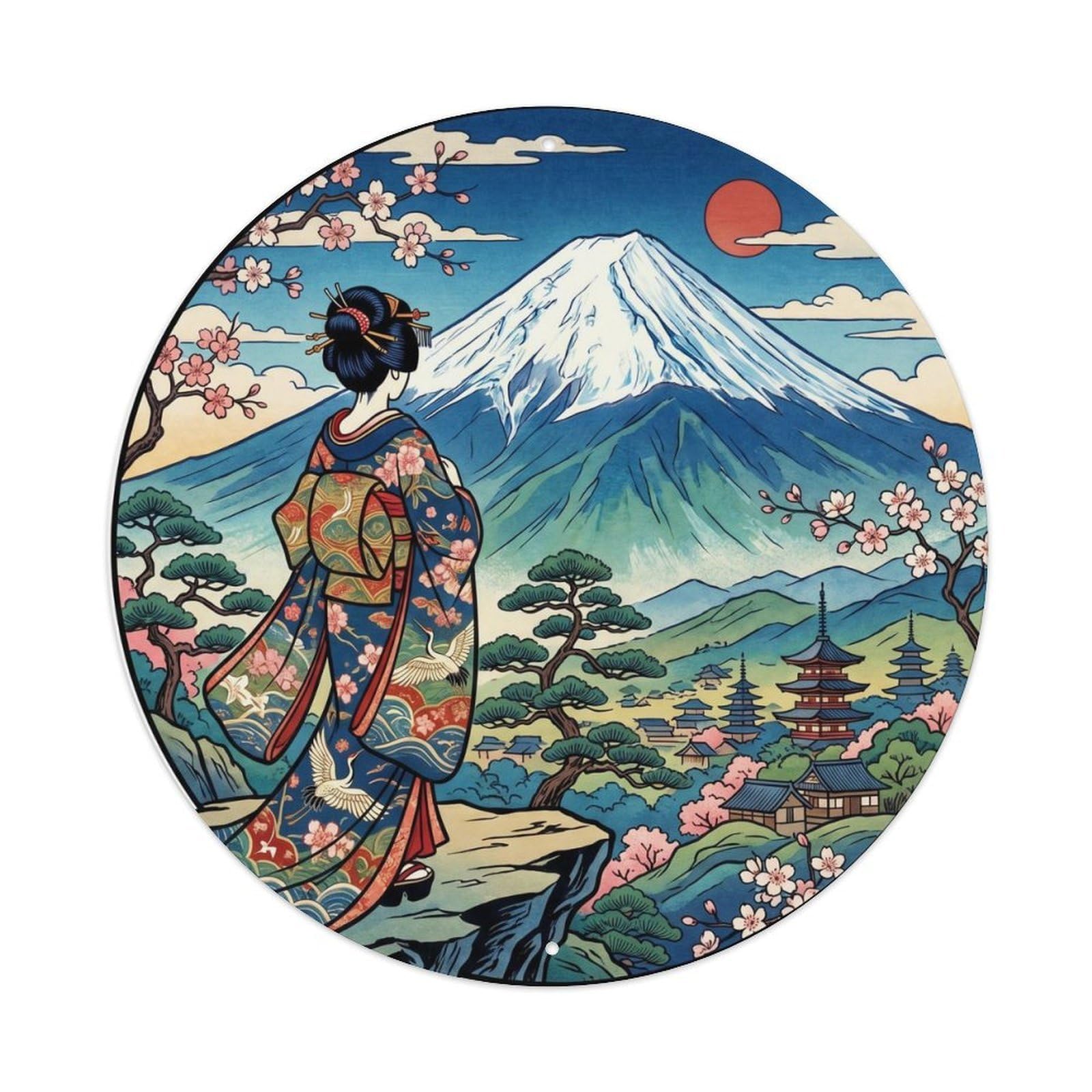 Galvaxio Style Japanese Kimono Woman Viewing Mount Fuji Snow Peak Metal Tin Sign