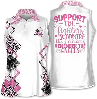 Personalized Breast Cancer Golf Shirts Golf Shirts for Women Sleeveless with Collar, Support The Fighters Admire The Survivors Remember The Angels, Women's Sleeveless Golf Shirts Leopard