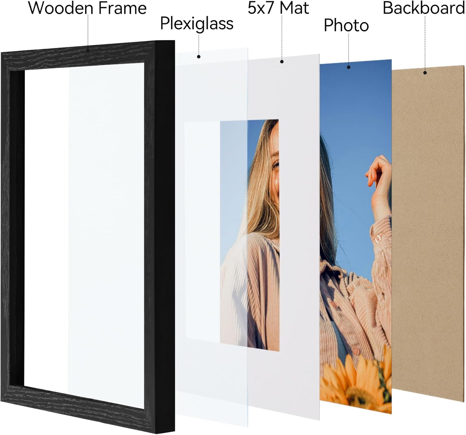 Vittanly 8x10 Picture Frame Set of 4, Display Pictures 5x7 with Mat or 8x10 without Mat, Engineered Wood with Shatter Resistant Plexiglass, Wall Gallery Photo Frames for Wall or Tabletop, Black - Image 4