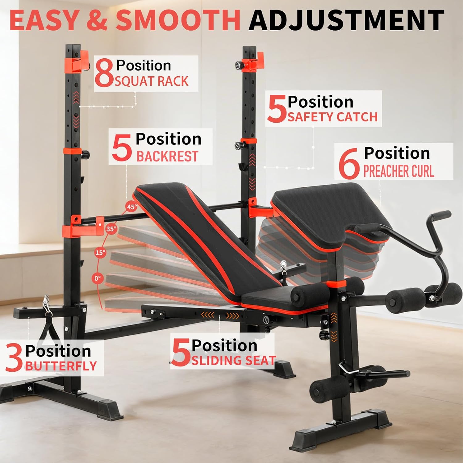 1500LB 8 IN 1 Weight Bench with Lat Pulldown and Leg Extension/Curl, Foldable Bench Press with Preacher Curl & Squat Rack, Workout Benches with Safety Bar Catches for Home Gym(US Stock)