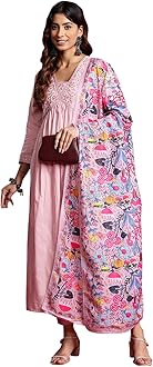 Womanista Women's Cotton Blend Floral Yoke Design Pleated Thread Work Kurta Trouser With Dupatta Set (Kurtaset_1214)