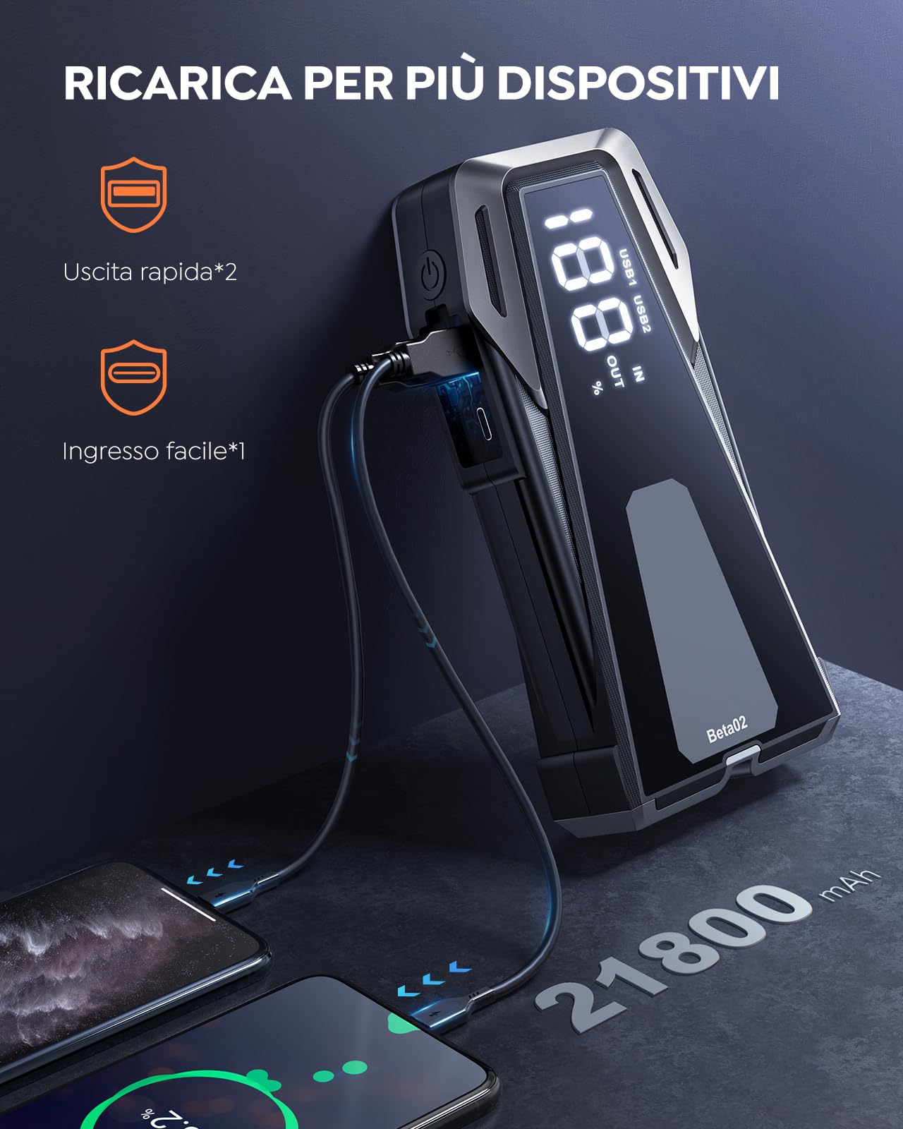 Booster Avviamento Auto 3000A 21800mAh Avviatore Emergenza per Auto, Starter Batteria Auto Portatile con Cavi Batteria Auto Estesi, Fino a 8.5L Gas o 8.0L Diesel, Display LCD, Ricarica USB