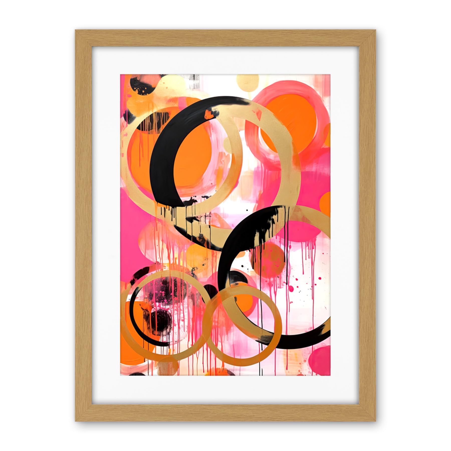 Artery8 Abstract Circles Oil Painting Bright Pink Orange Gold Black Geometric Drip Paint Artwork Framed Wall Art Print 18X24 Inch