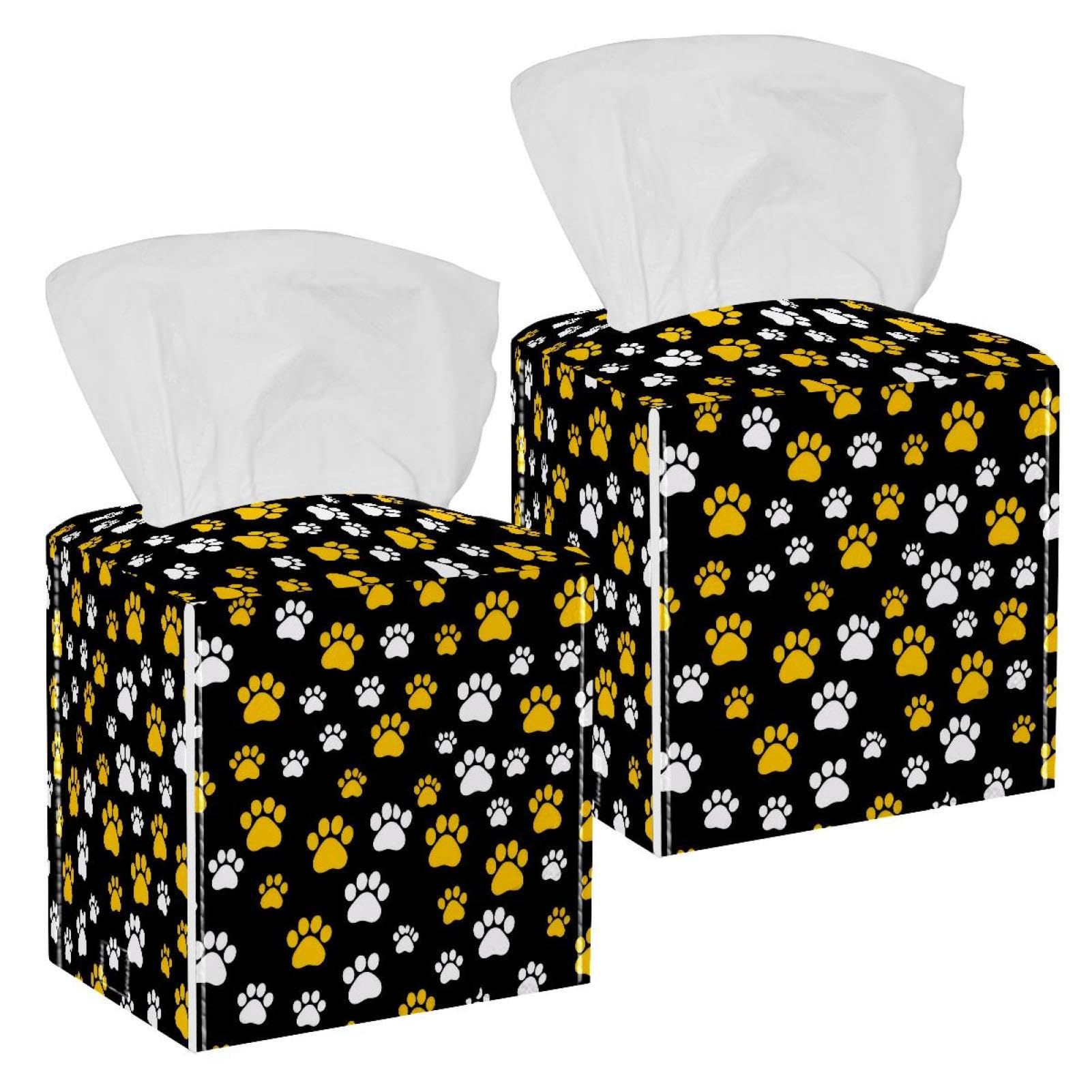 Dogs Paw Tissue Box Cover, 2 Pack PU Leather Square Facial Tissue Dispenser Box holder for Home Office Car
